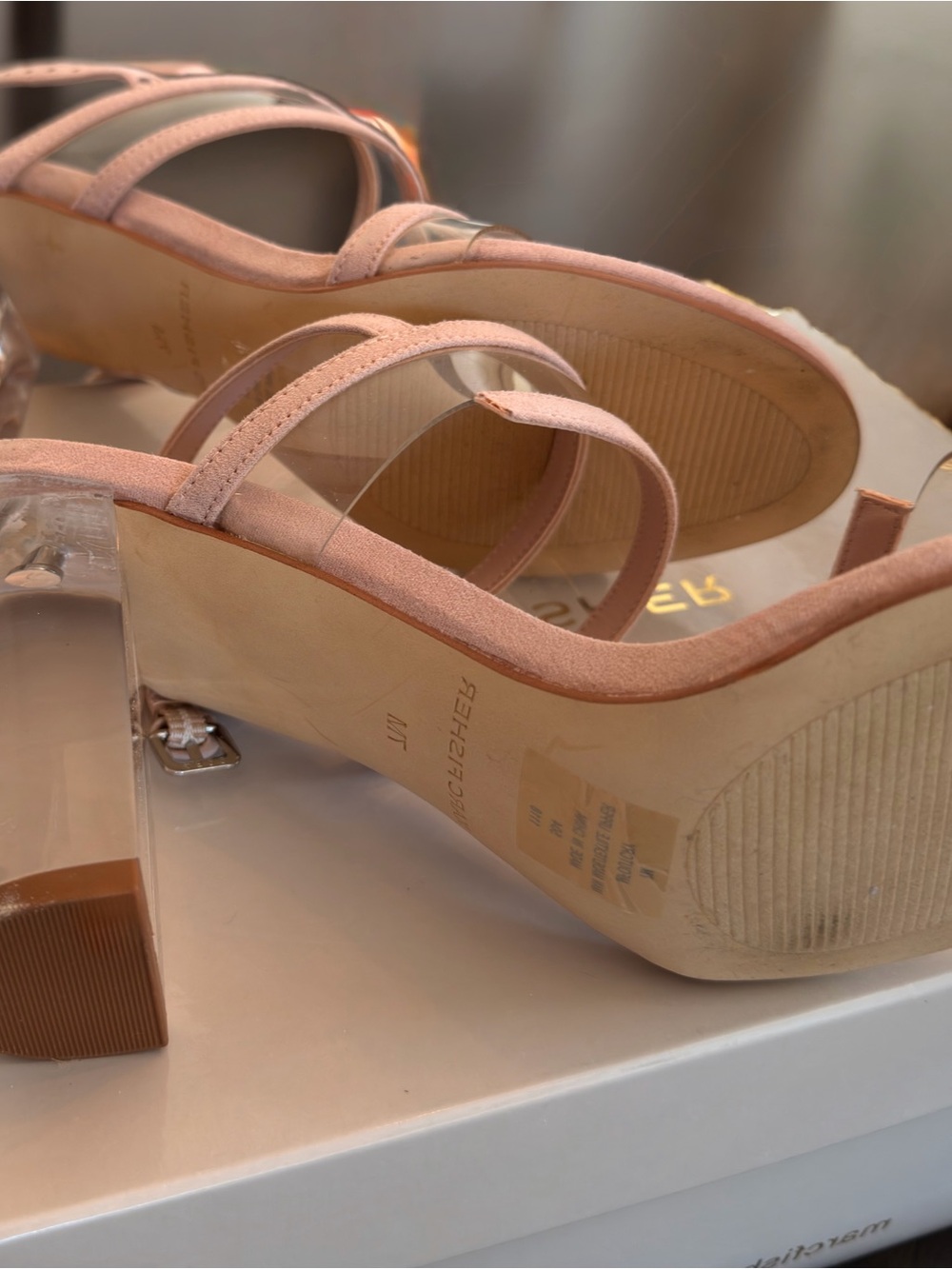 Marc Fisher Pink Suede & Clear Strap Block Heel Sandals - Picture 6 of 8